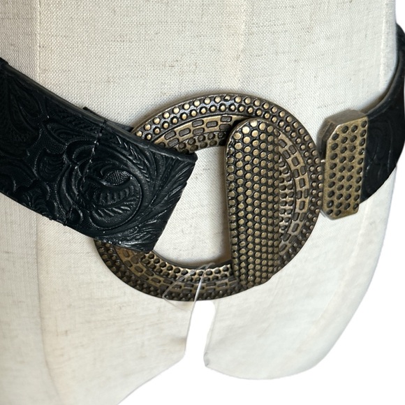 CHICOS Leather Western Tooled Belt Black Leopard Calf Hair Hammered Buckle SM - Picture 3 of 13